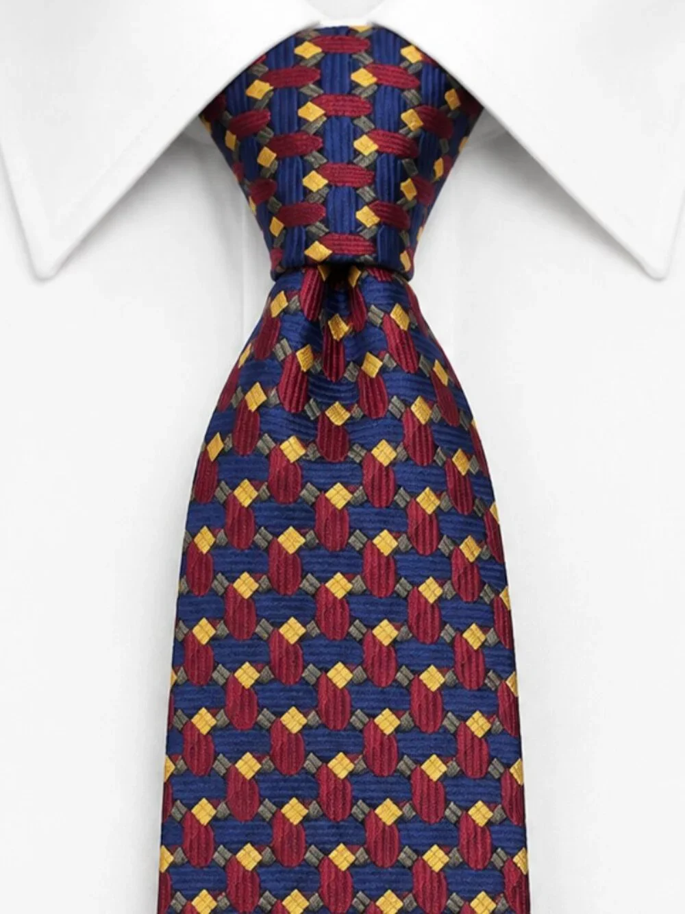 LANDS' END Men's Blue Red Silk Geometric Necktie Handsewn 3.75x58 Preppy Classic